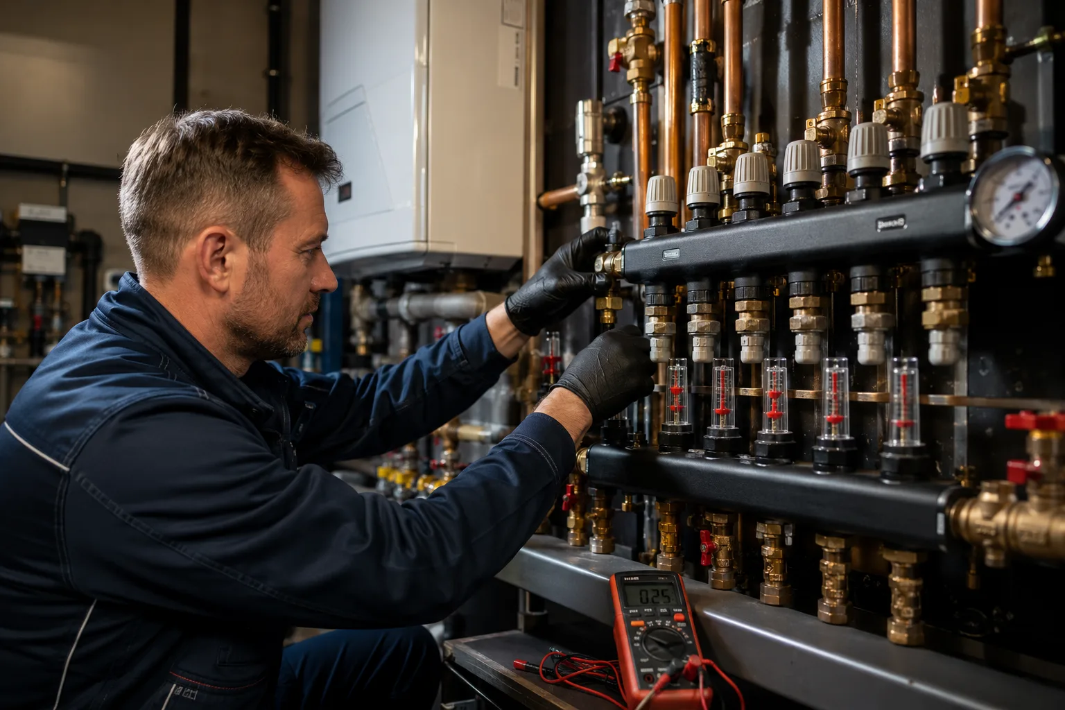 Technik serwisujący instalację grzewczą